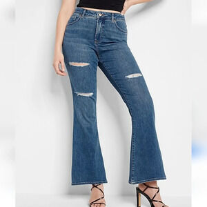 Express Curvy High Waisted Dark Wash Ripped Flare Stretch Denim Jeans Size 12